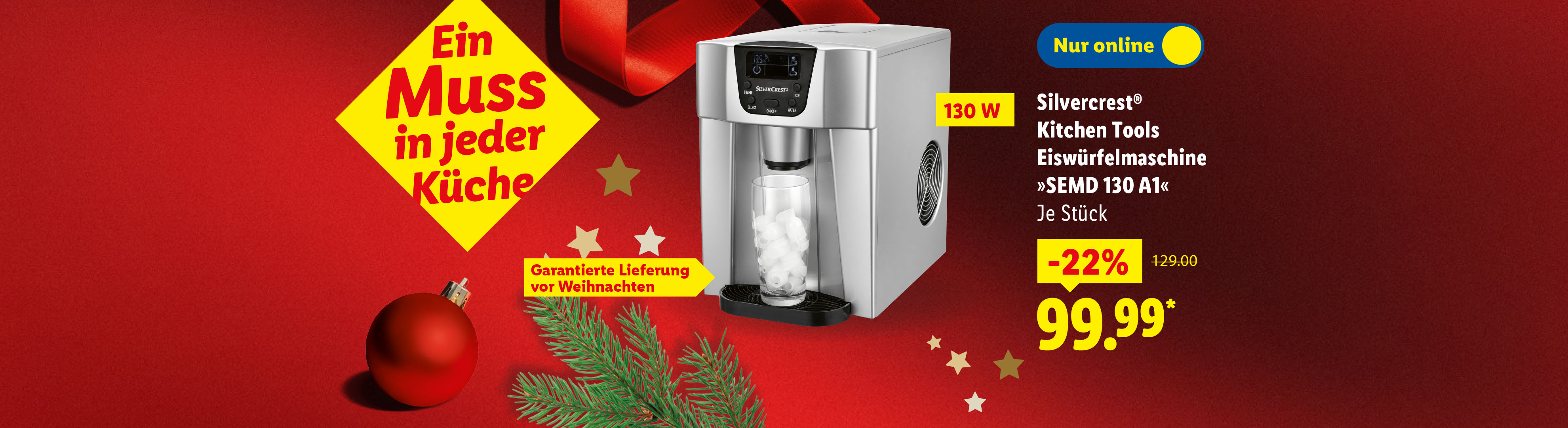 Silvercrest Eiswürfelmaschine mit Weihnachtsdekoration und Preisangabe