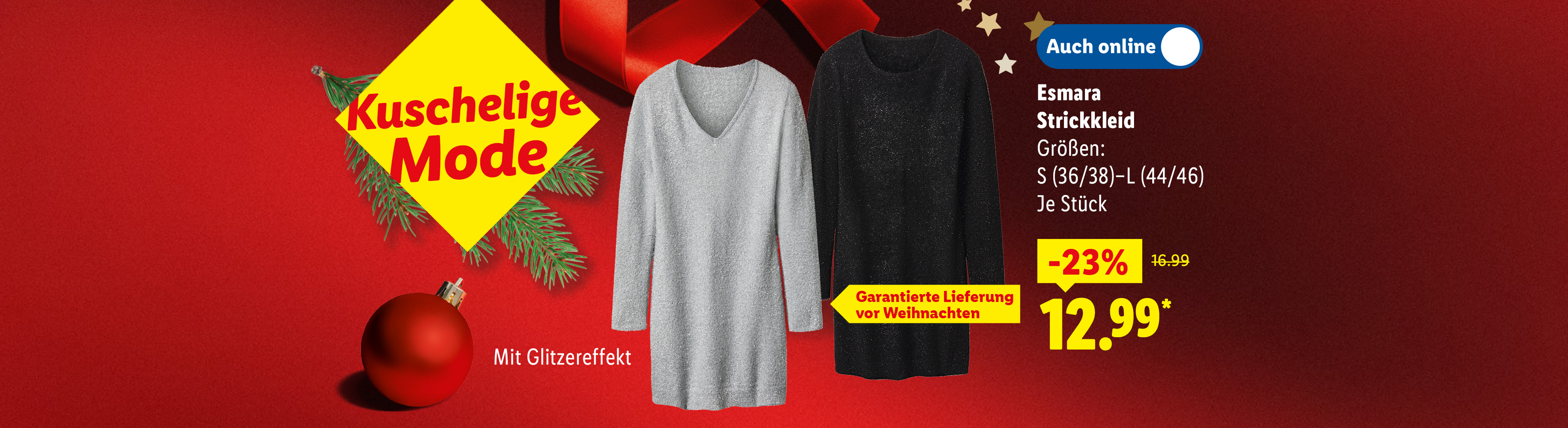 Esmara Strickkleid in Grau und Schwarz mit Glitzereffekt, erhältlich in den Größen S (36/38) bis L (44/46), für 12,99 €.