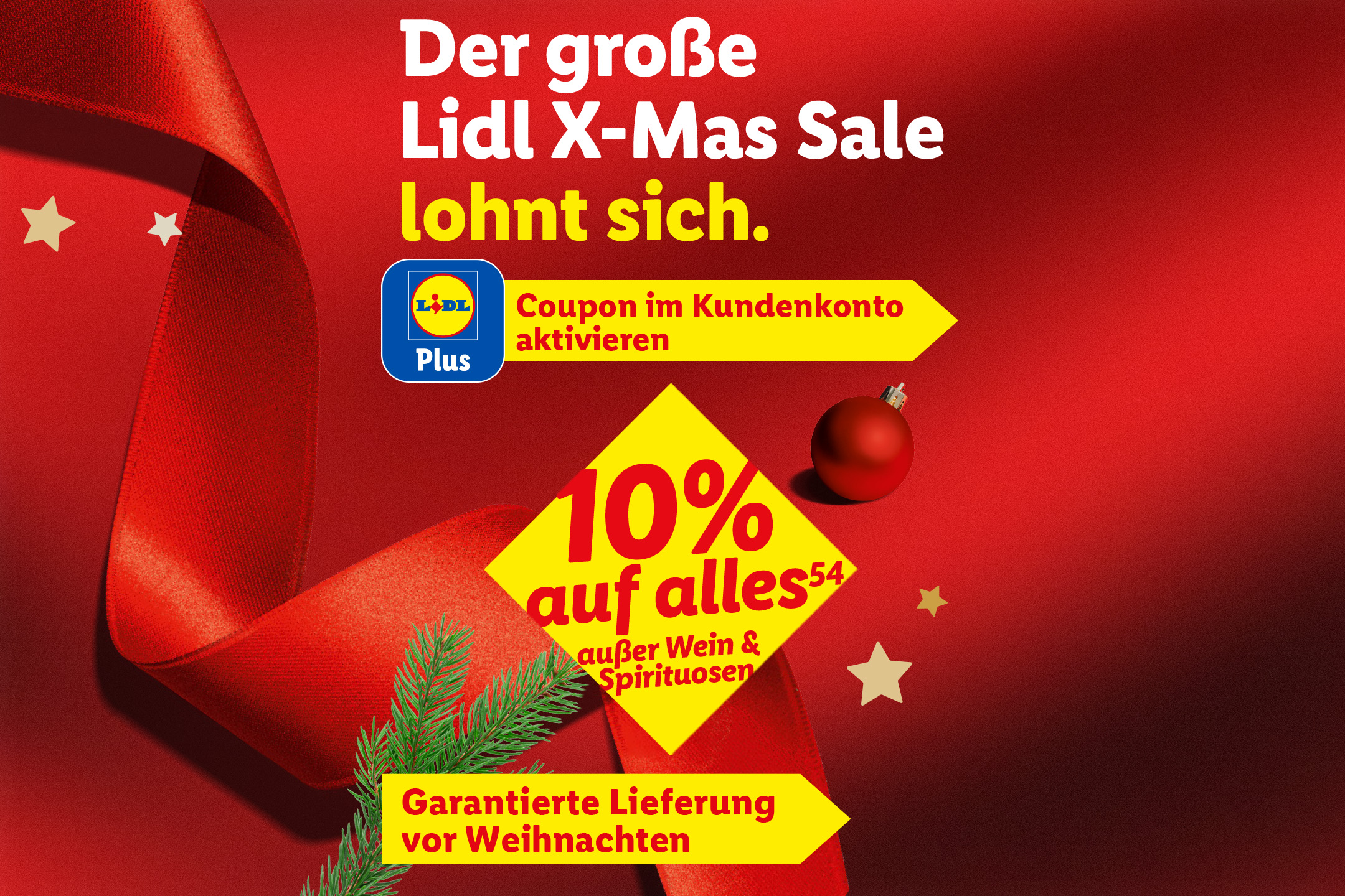 Lidl X-Mas Sale: 10% Rabatt auf alles (außer Wein & Spirituosen), garantierte Lieferung vor Weihnachten.