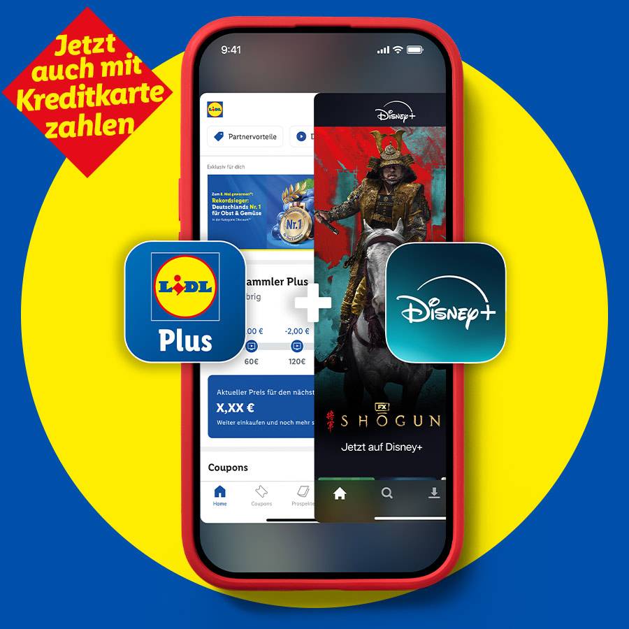 Lidl Plus App mit Disney+ Angebot und Hinweis auf Kreditkartenzahlung, bewirbt Shogun.