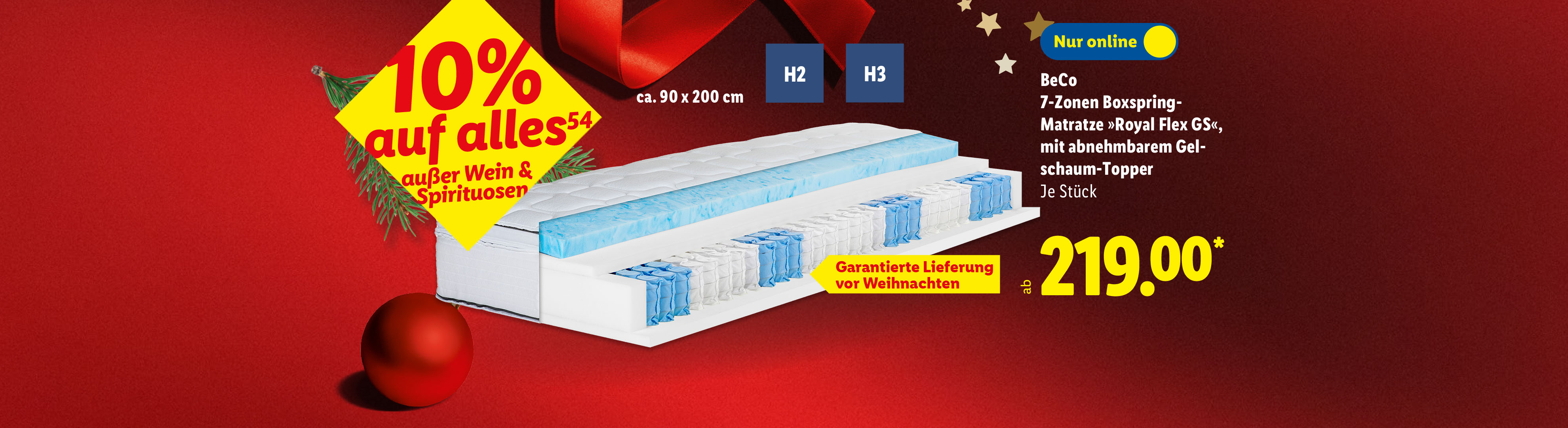 Werbung für eine BeCo 7-Zonen Boxspring-Matratze mit Gelschaum-Topper für 219,00 € und 10% Rabatt auf alles außer Wein & Spirituosen.