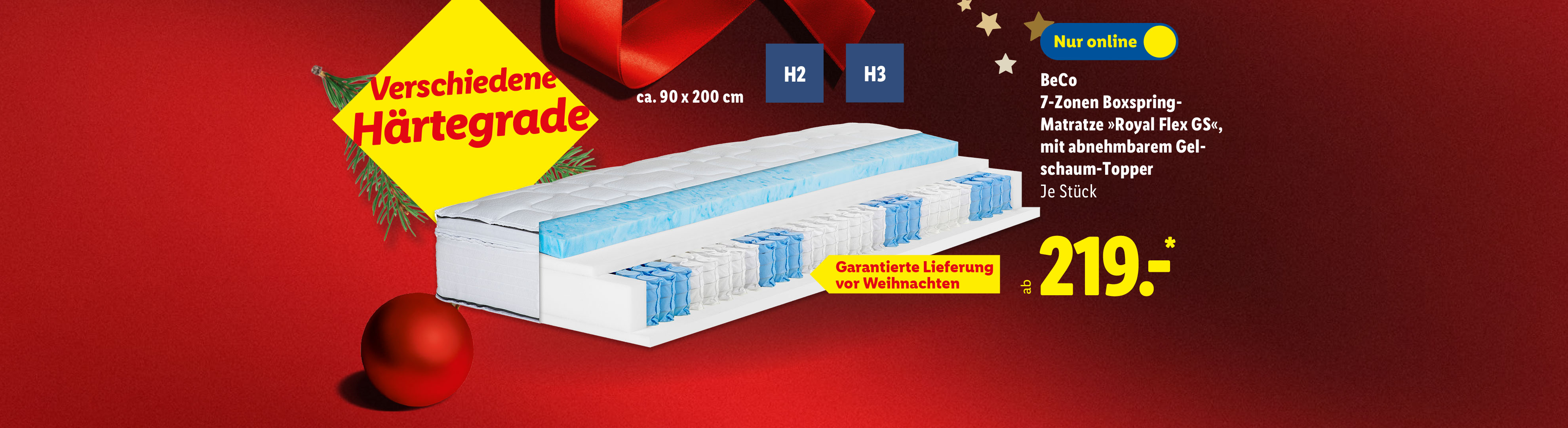 BeCo 7-Zonen Boxspring-Matratze mit Gelschaum-Topper, verschiedenen Härtegraden und garantierter Lieferung vor Weihnachten.