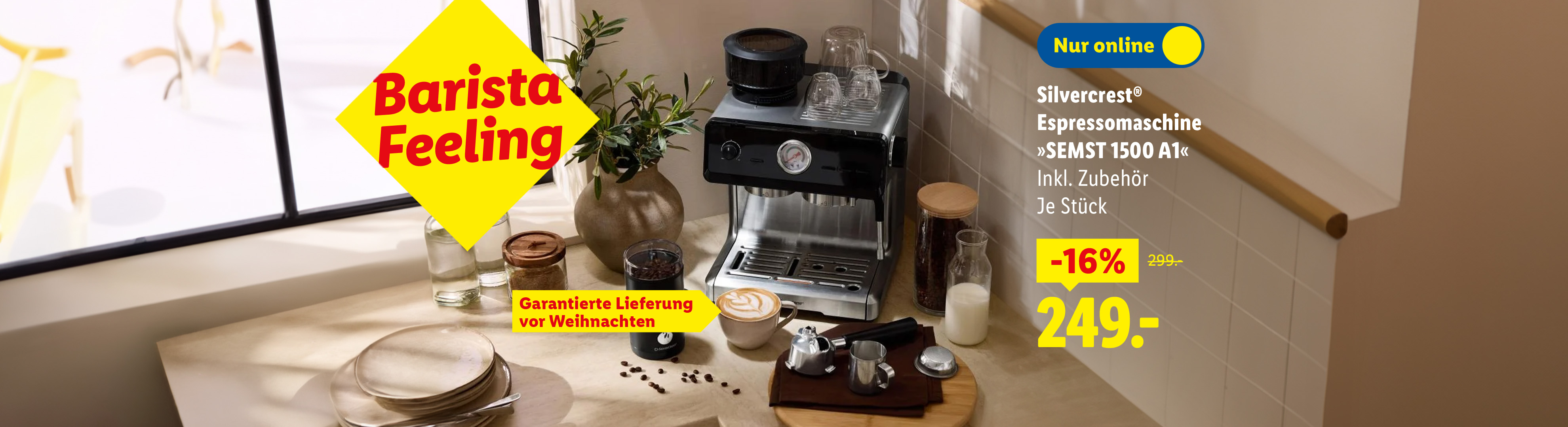 Silvercrest Espressomaschine mit Zubehör und Kaffeebohnen, 16% Rabatt, 249€.