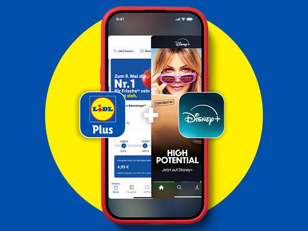 Lidl Plus App mit Disney+ Angebot, bewirbt High Potential.