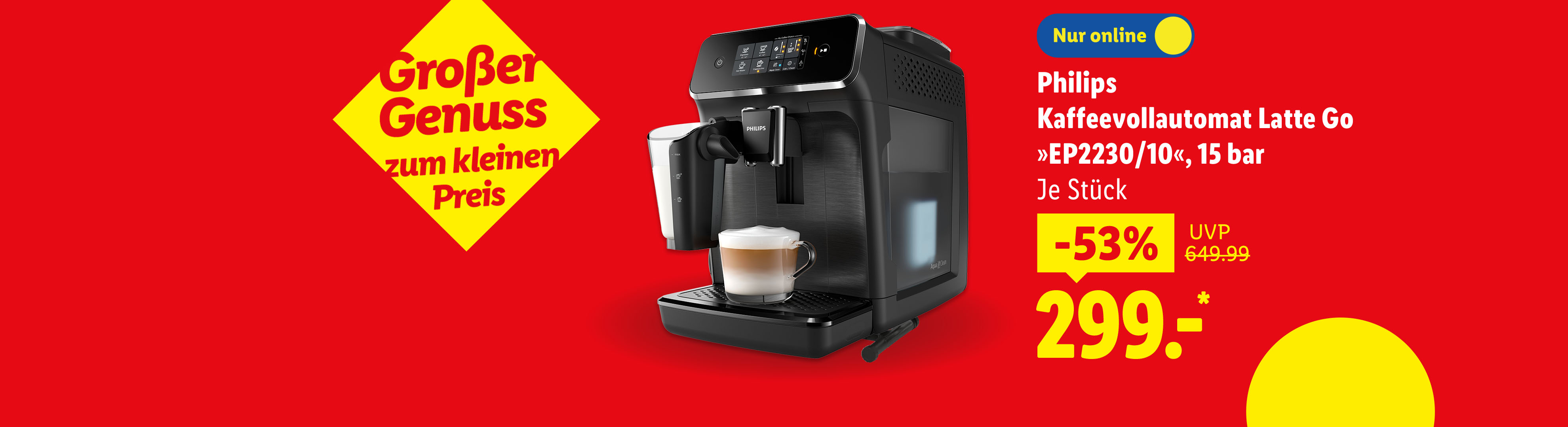 Philips Kaffeevollautomat Latte Go, 15 bar, für 299€ statt 649.99€, nur online.
