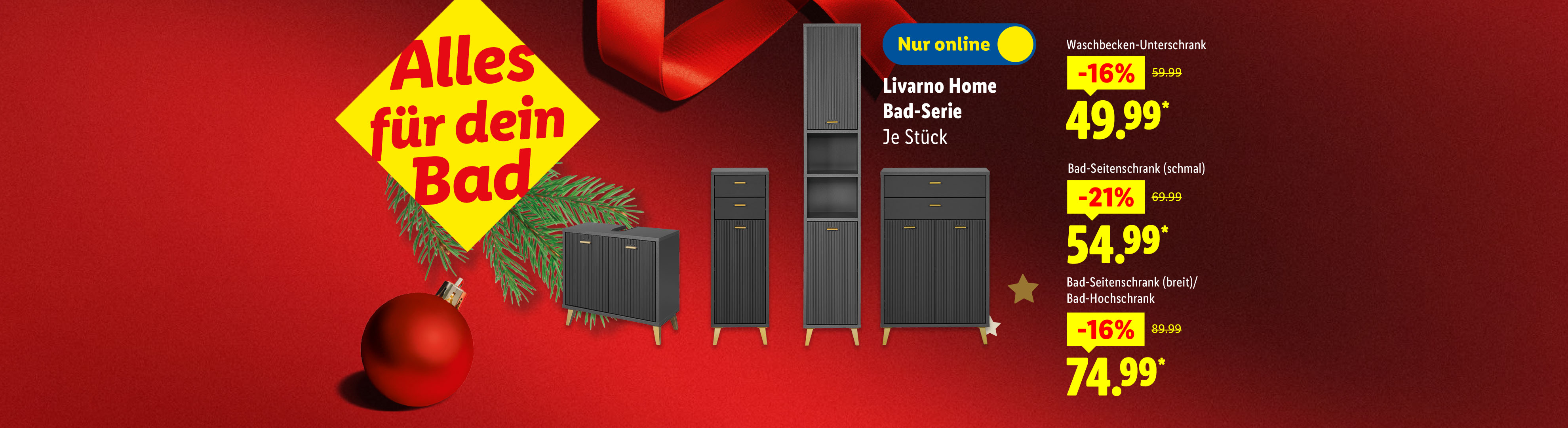 Livarno Home Bad-Serie mit Waschbecken-Unterschrank, schmalem und breitem Seitenschrank sowie Hochschrank, vor weihnachtlichem Hintergrund.
