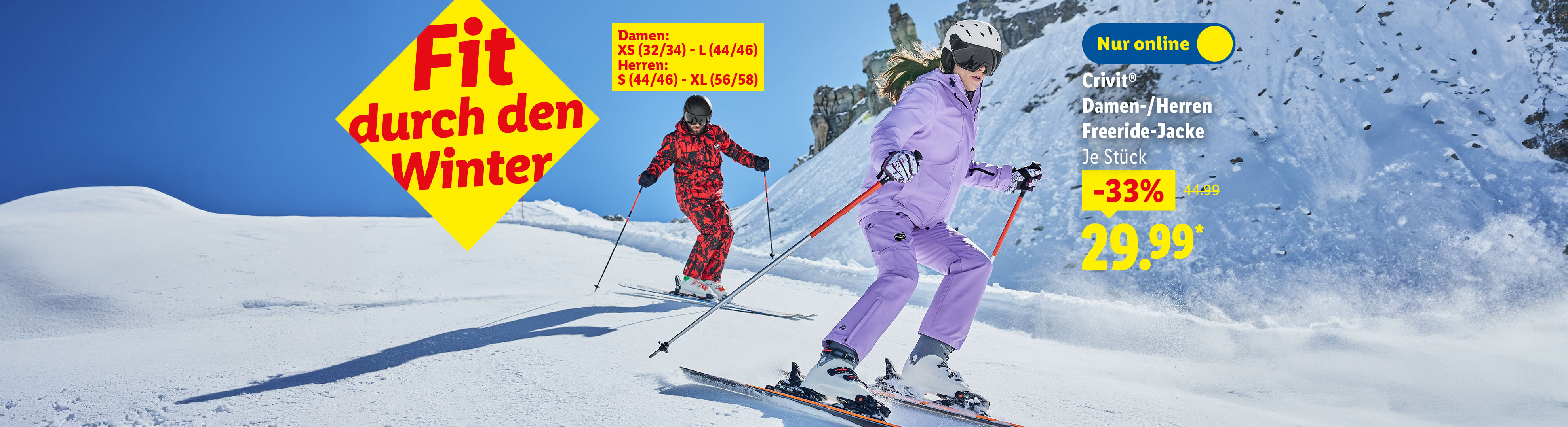 Crivit Freeride-Jacken für Damen und Herren, online erhältlich, mit 33% Rabatt für 29,99 €.