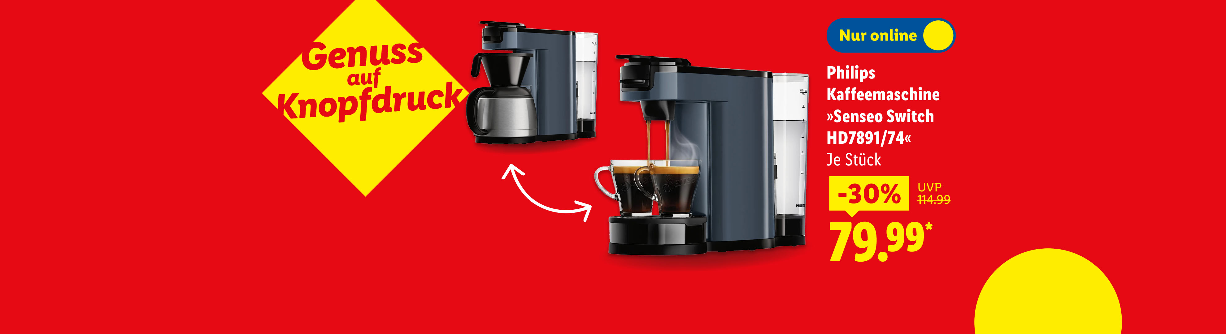 Philips Senseo Switch Kaffeemaschine mit 30% Rabatt für 79,99€, nur online erhältlich.