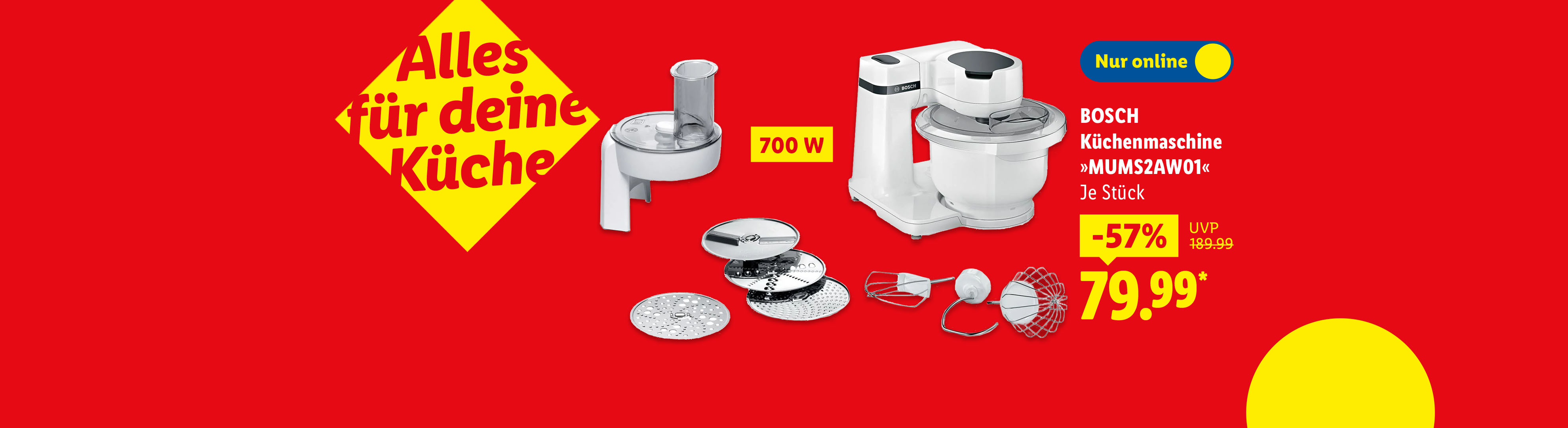 BOSCH Küchenmaschine »MUMS2AW01« mit 700 W, 57% günstiger für 79.99€, nur online erhältlich