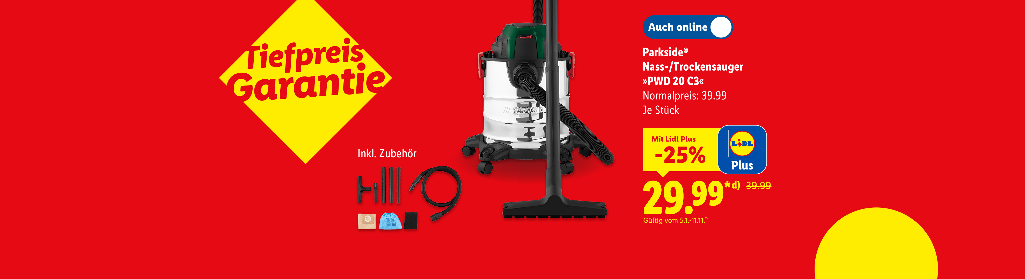Parkside® Nass-/Trockensauger »PWD 20 C3«, inkl. Zubehör, Normalpreis: 39.99 für 29.99€ mit Lidl Plus, auch online erhältlich
