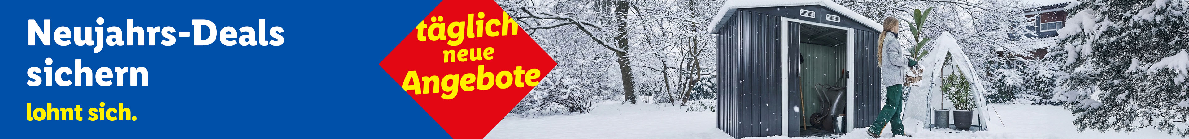 Neujahrs-Deals sichern: Frau im Schnee mit Pflanze und Geräteschuppen, täglich neue Angebote.