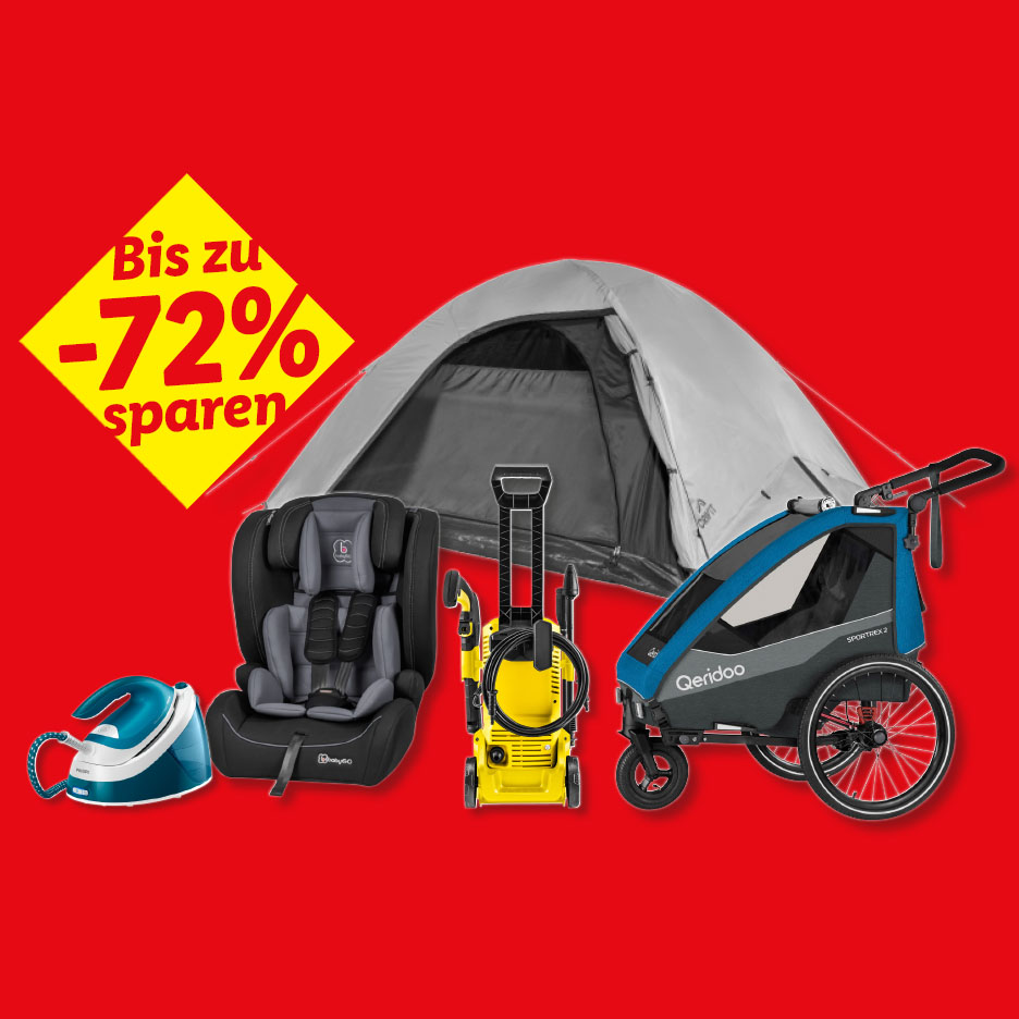 Zelt, Kinderautositz, Hochdruckreiniger, Fahrradanhänger und Bügeleisen mit bis zu -72% Rabatt