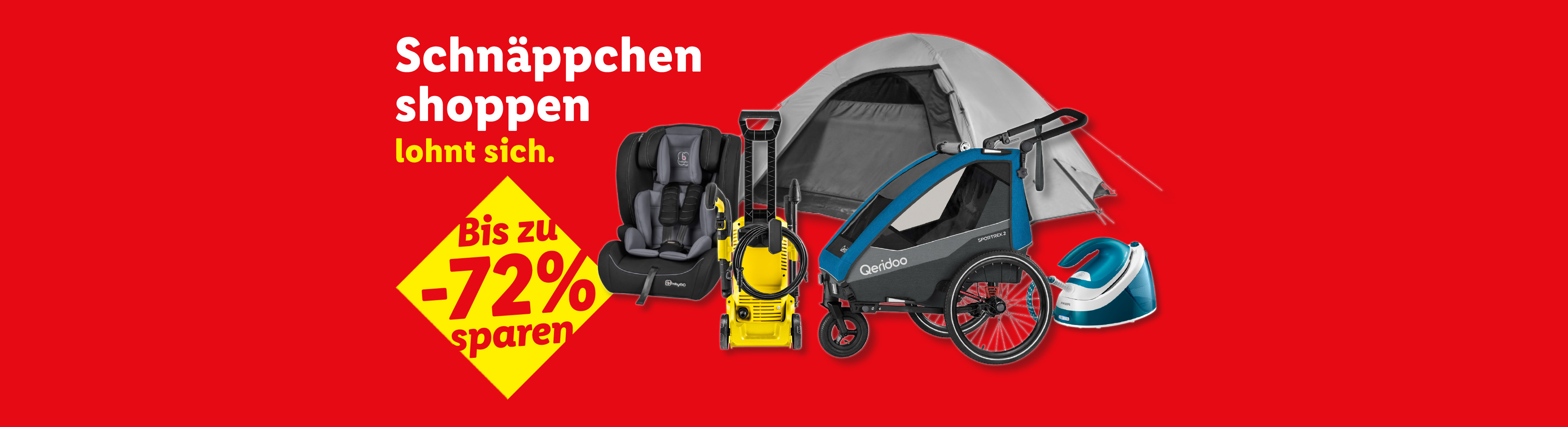 Schnäppchen shoppen lohnt sich: Kindersitz, Hochdruckreiniger, Fahrradanhänger, Zelt und Bügeleisen mit bis zu 72% Rabatt.