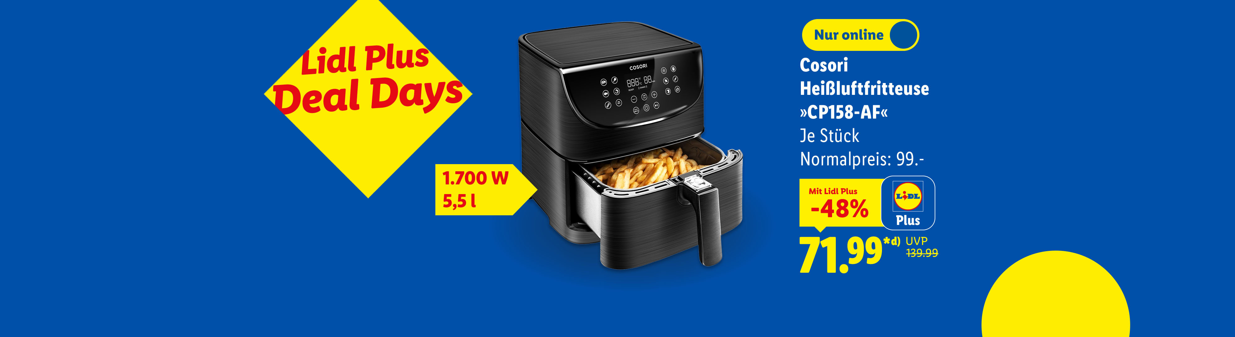 Cosori Heißluftfritteuse »CP158-AF«, 1.700 W, 5,5 l, je Stück -48% günstiger mit Lidl Plus nur online für 71.99€*