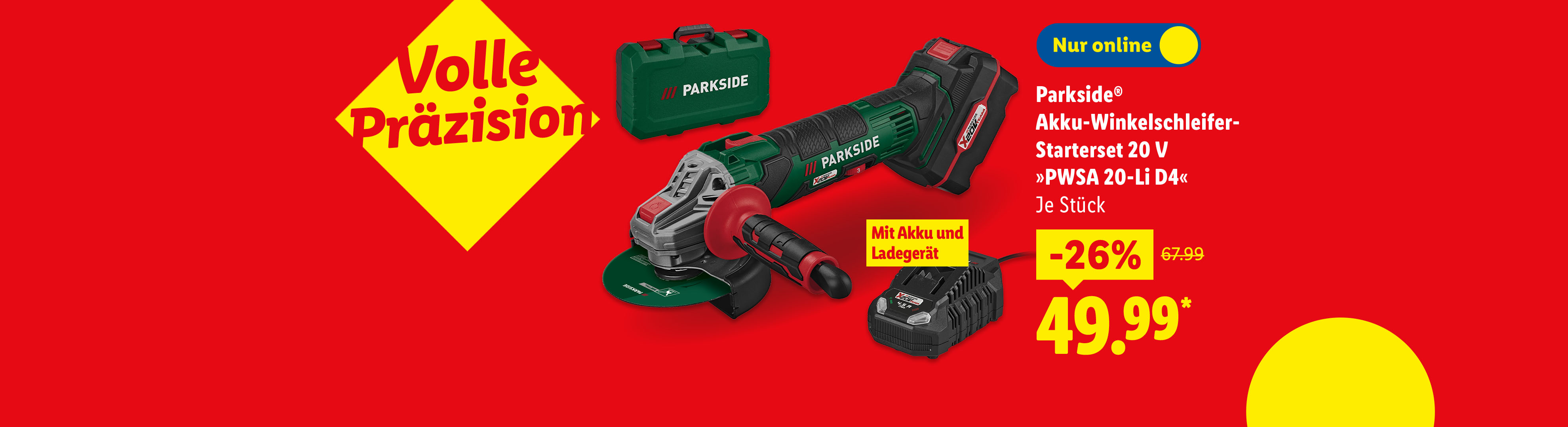 Parkside® Akku-Winkelschleifer-Starterset 20 V »PWSA 20-Li D4« mit Akku und Ladegerät, je Stück  auch online für 49.99€*.
