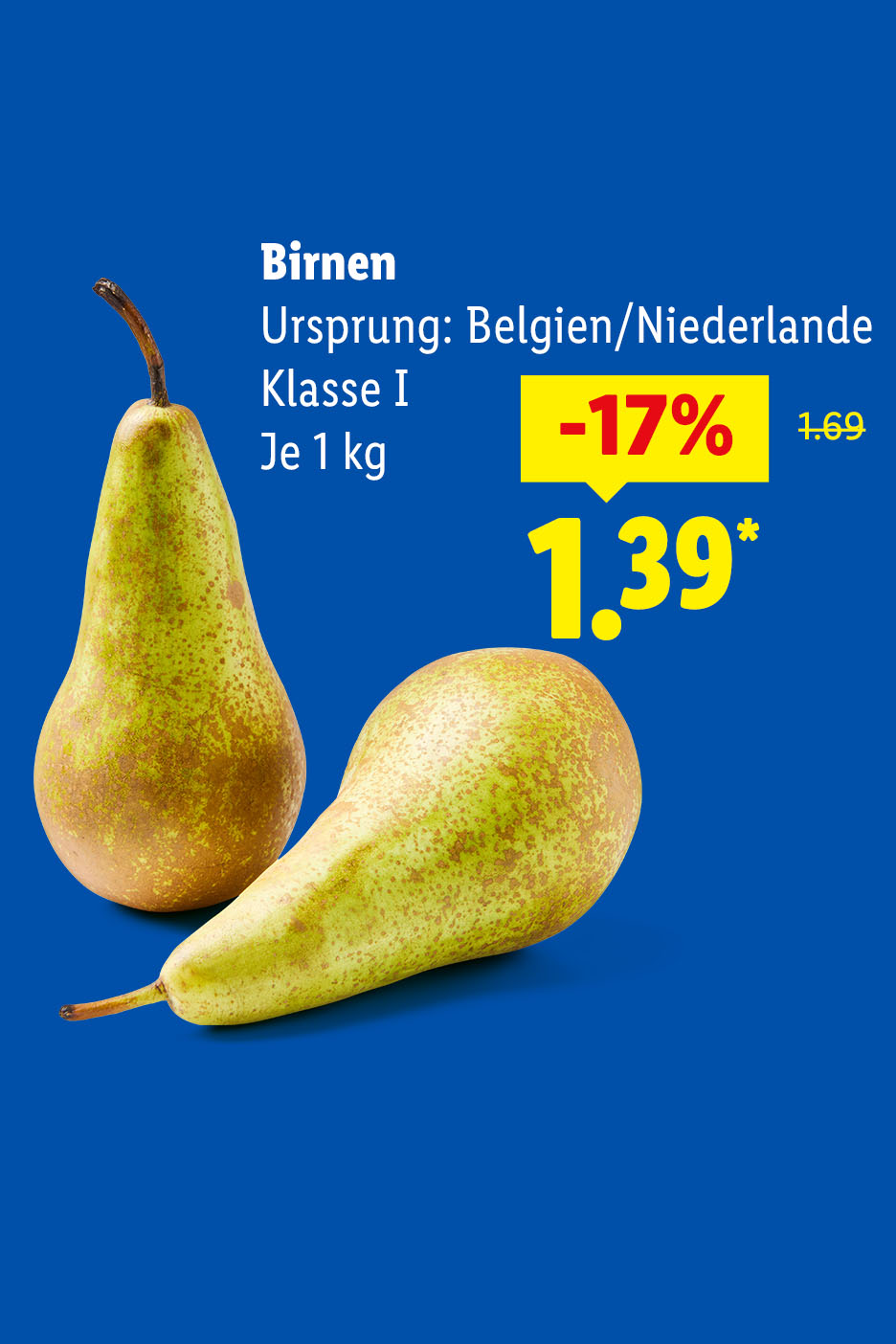 Birnen, Ursprung: Belgien/Niederlande, Klasse I, Je 1 kg für 1.39 €.