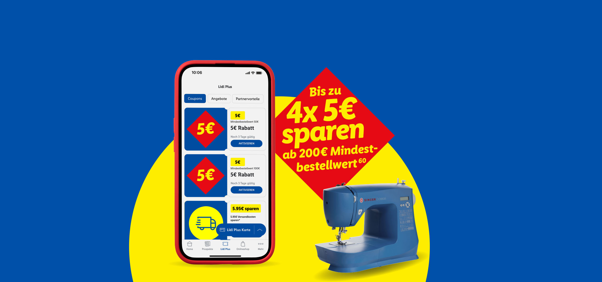 Lidl Plus App mit Gutscheinen, Reisekoffern, Kinderwagen und Nähmaschine auf blau-gelbem Hintergrund.