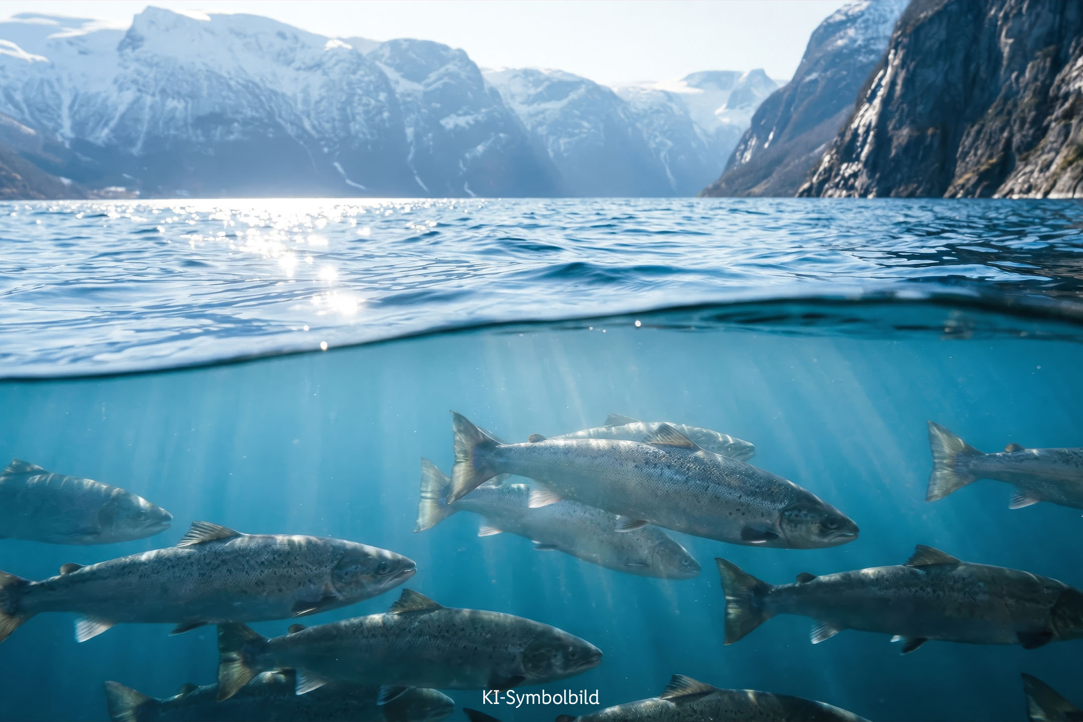 Lachse schwimmen unter Wasser in einem Fjord mit schneebedeckten Bergen im Hintergrund. KI-Symbolbild