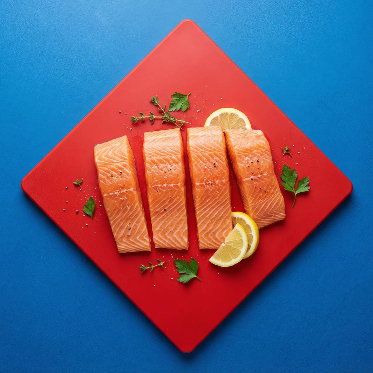 Vier Lachsfilets mit Zitrone und Kräutern auf einem roten Schneidebrett.
