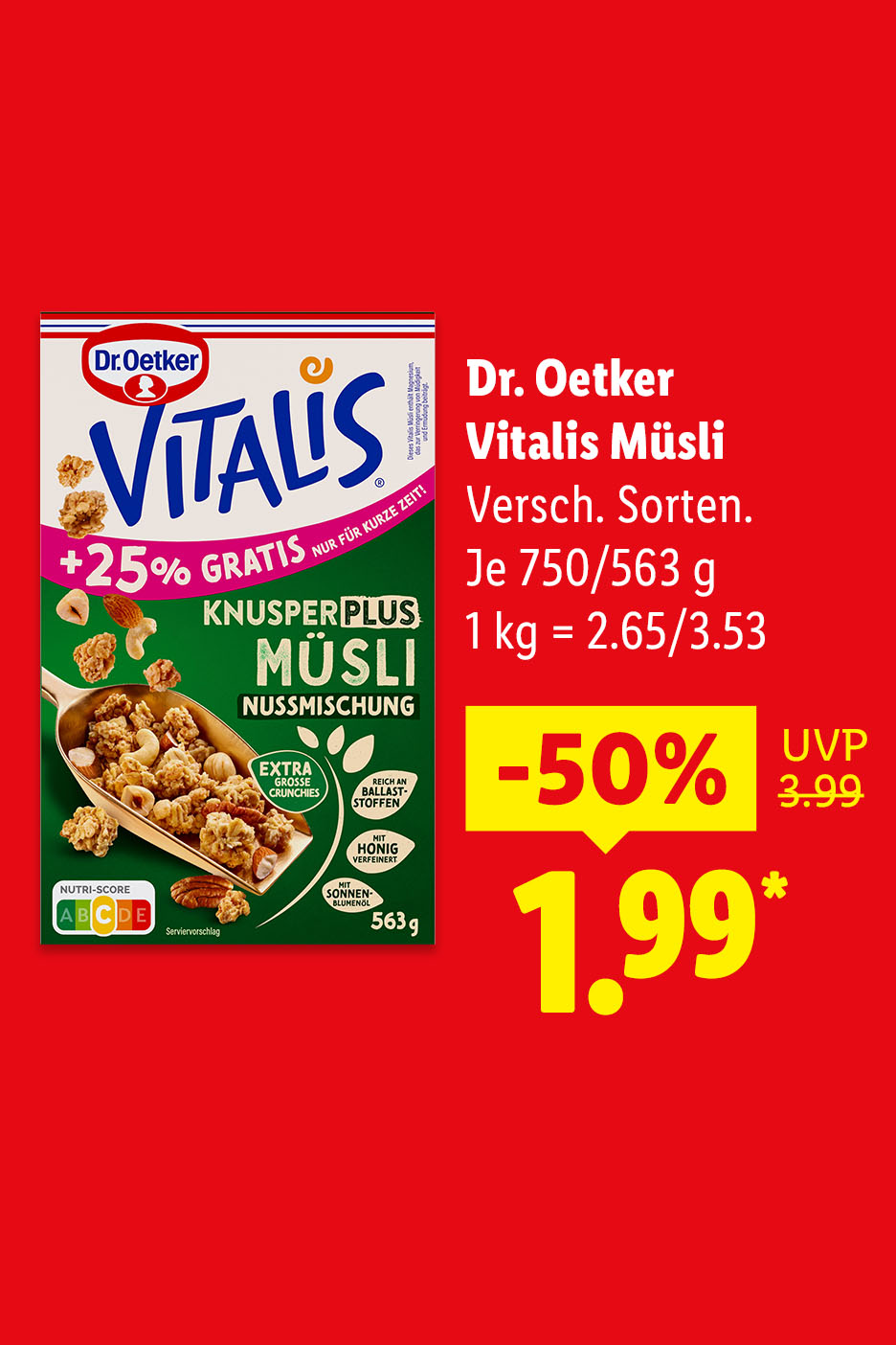 Dr. Oetker Vitalis Müsli, Verschiedene Sorten, Je 750/563 g (1 kg = 2.65/3.53 €) mit 50% Rabatt für 1.99 €.