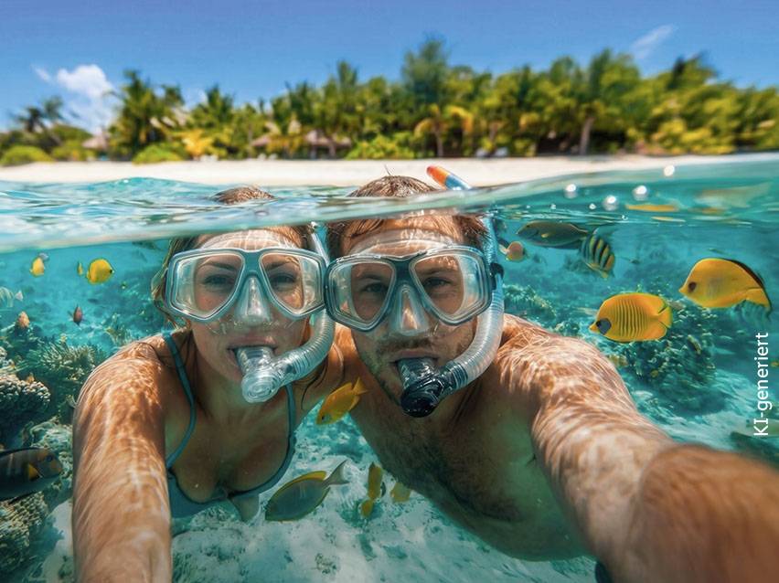 Paar beim Schnorcheln im Meer mit tropischen Fischen und Strand im Hintergrund