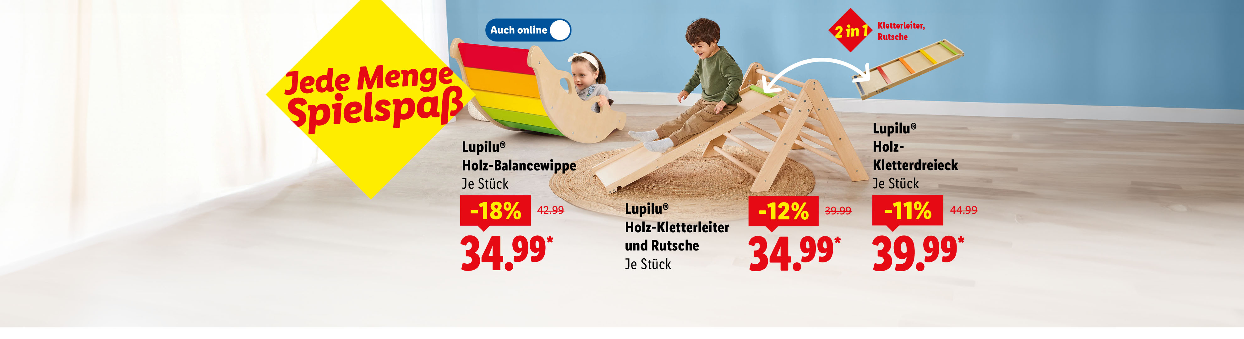 Lupilu® Holz-Balancewippe, Holz-Kletterleiter und Rutsche, Holz-Resterdrick, je Stück bis zu -18% günstiger auch online für ab 34.99€*