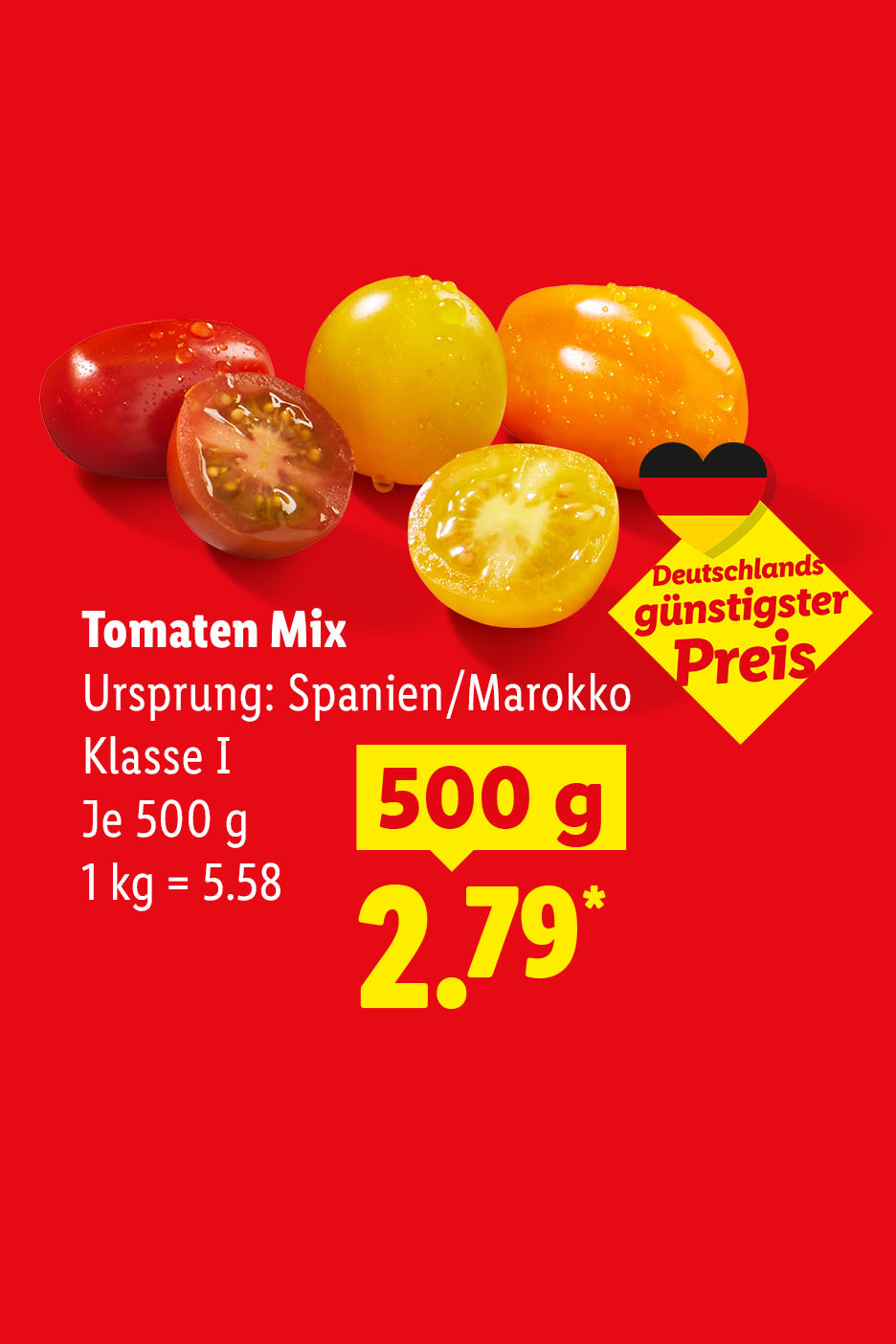 Deutschlands günstigster Preis, Tomaten Mix, Ursprung: Spanien/Marokko, Klasse I, Je 500 g (1 kg = 5.58 €) für 2.79 €.