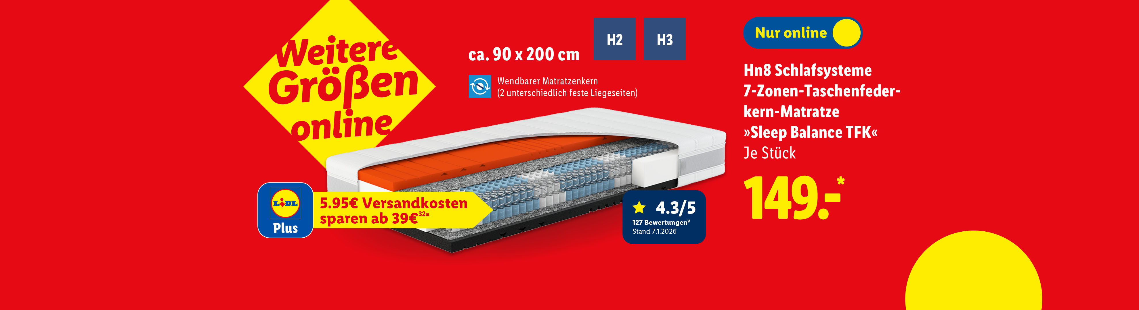 Hn8 Schlafsysteme 7-Zonen-Taschenfederkern-Matratze »Sleep Balance TFK«, ca. 90 x 200 cm, 2 unterschiedlich feste Liegeseiten in H2 und H3, je Stück nur Online für 149.00€*