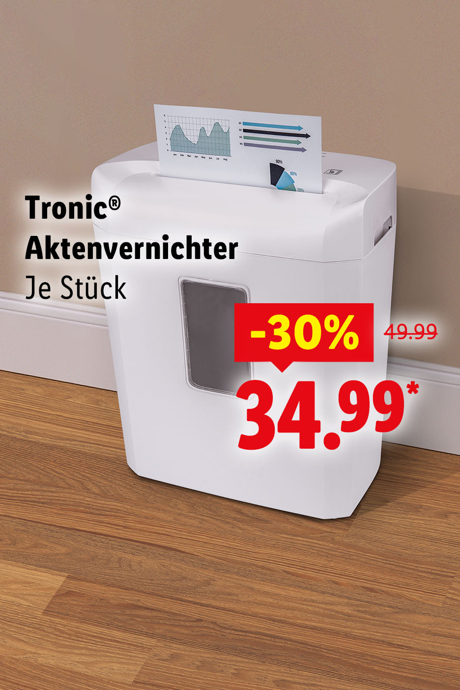 Tronic® Aktenvernichter, Je Stück mit einem Angebot von -30% auf 34.99.