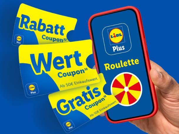 Drei gelbe und blaue Coupons für Rabatt, Wert und Gratis, daneben ein Smartphone mit Roulette-Spiel.
