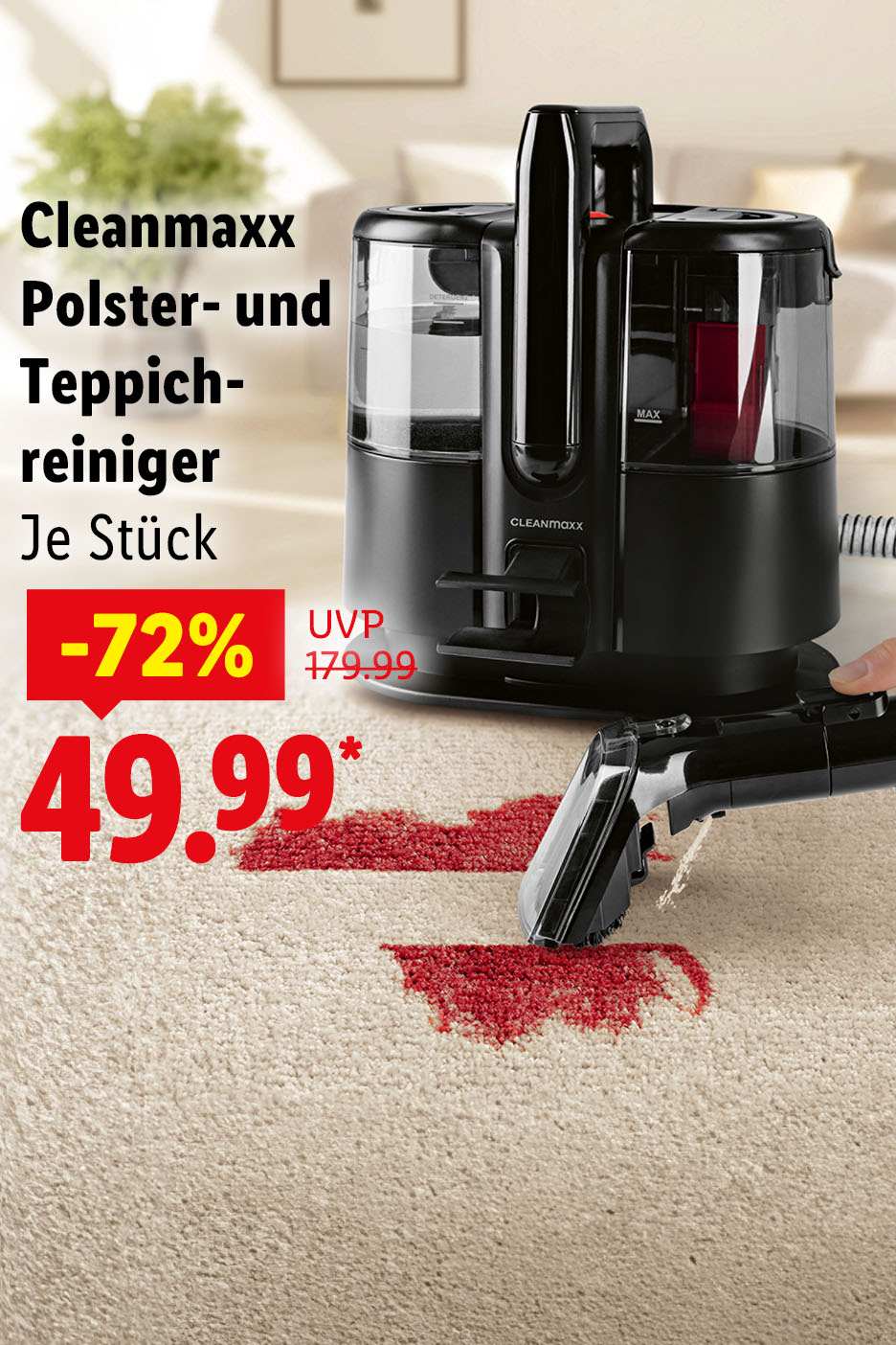 Cleanmaxx Polster- und Teppichreiniger, Je Stück mit einem Angebot von -72% auf 49.99 €.