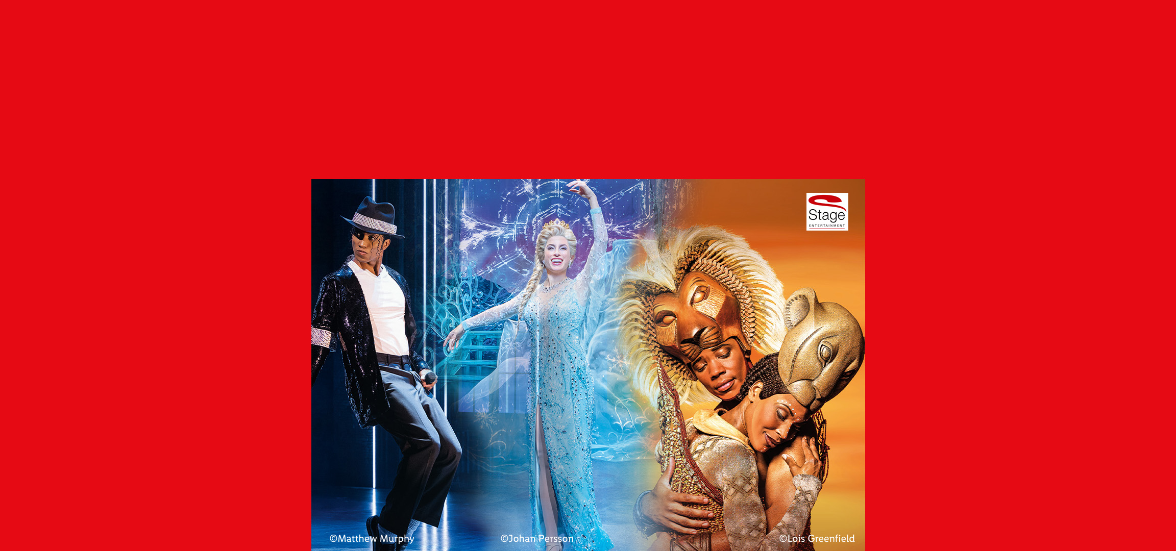 Collage verschiedener Musical-Szenen mit Tänzerinnen und Darstellern. Logo Stage Entertainment.