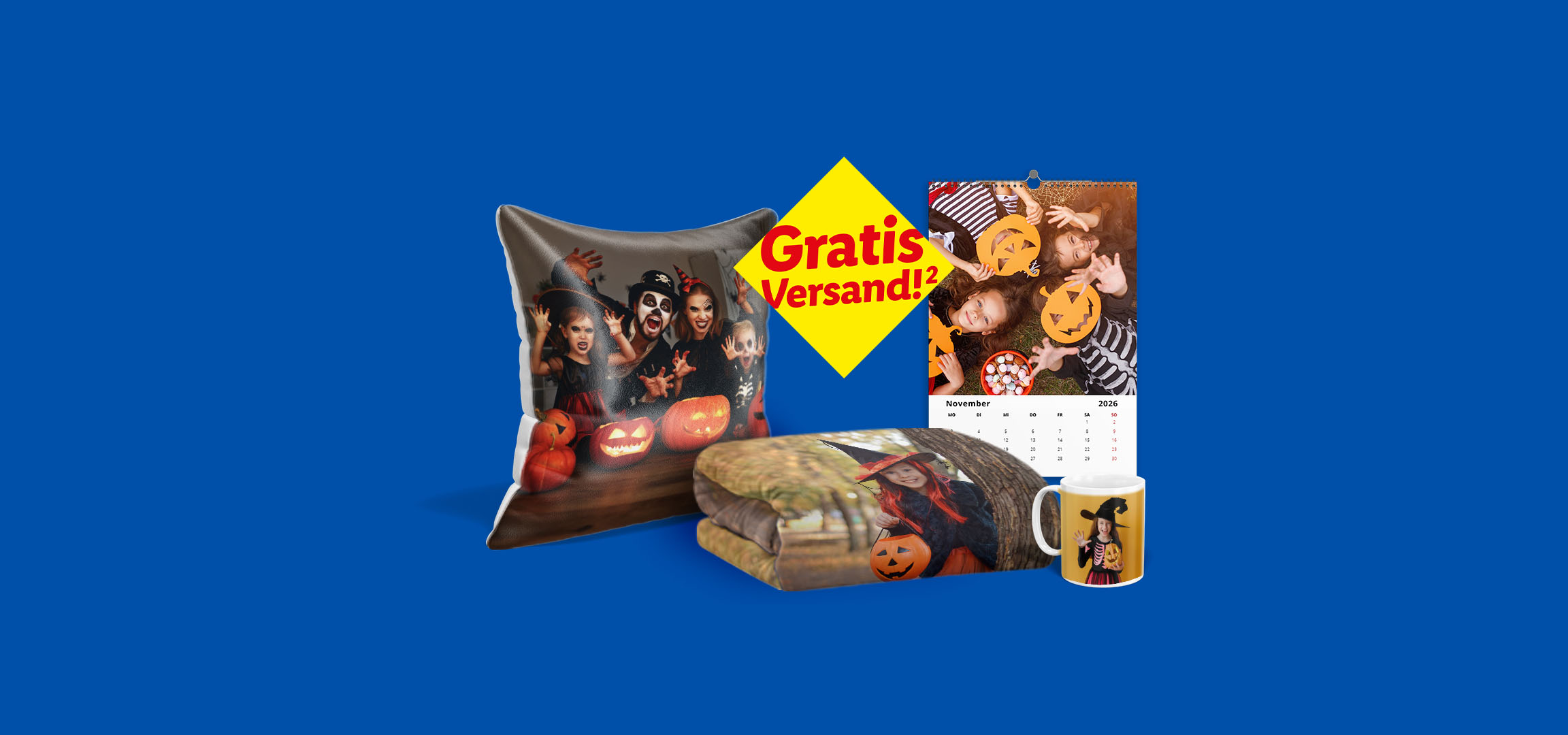 Verschiedene Fotoprodukte wie Fotokissen, Fotodecke, Fotokalender, Tasse. Gratis Versand!²