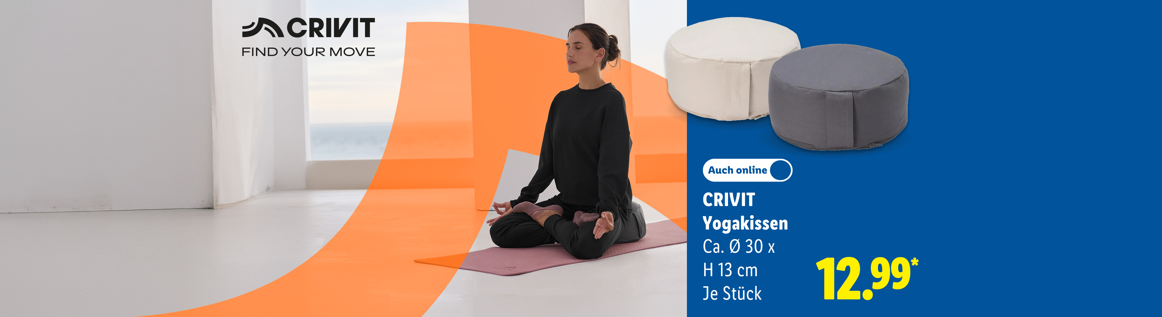 Mit praktischer Trageschlaufe: CRIVIT Yogakissen, Ca. O 30 x H 13 cm, je Stück auch online für 12.99€* 