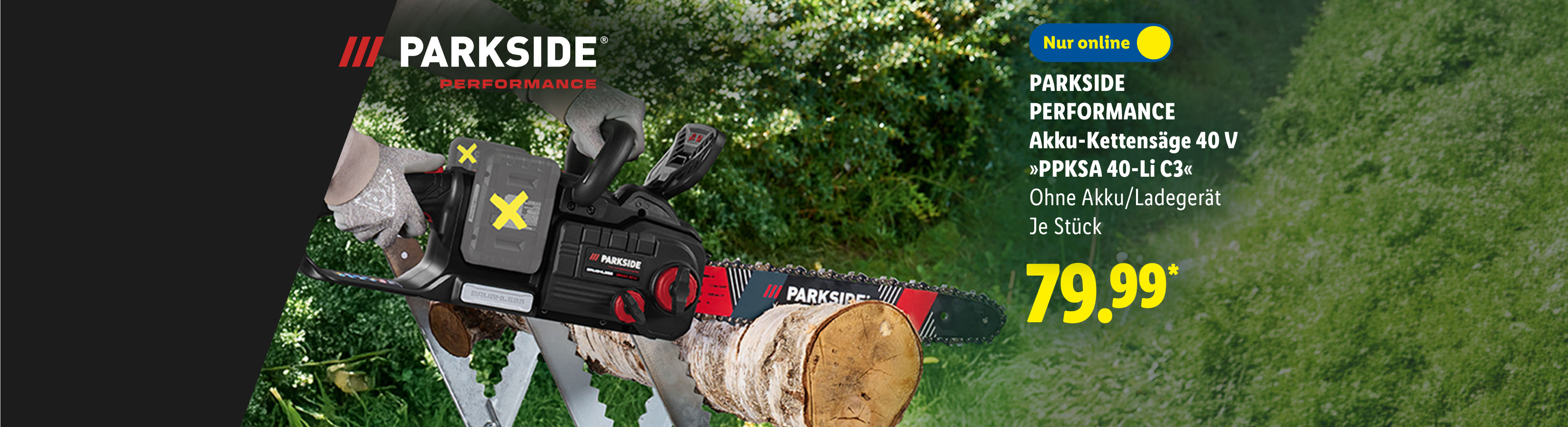 Volle Präzision: PARKSIDE PERFORMANCE Akku-Kettensäge 40 V »PPKSA 40-Li C3«, Ohne Akku/Ladegerät, je Stück Nur online für 79.99€*. Sofort kaufen.
