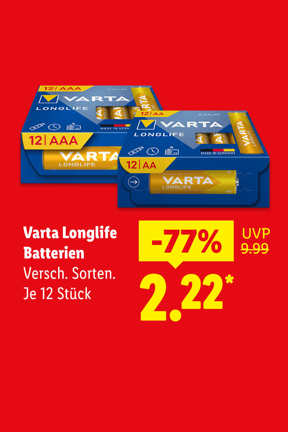 Varta Longlife Batterien, verschiedene Sorten, je 12 Stück, für 2.22€ statt 9.99€