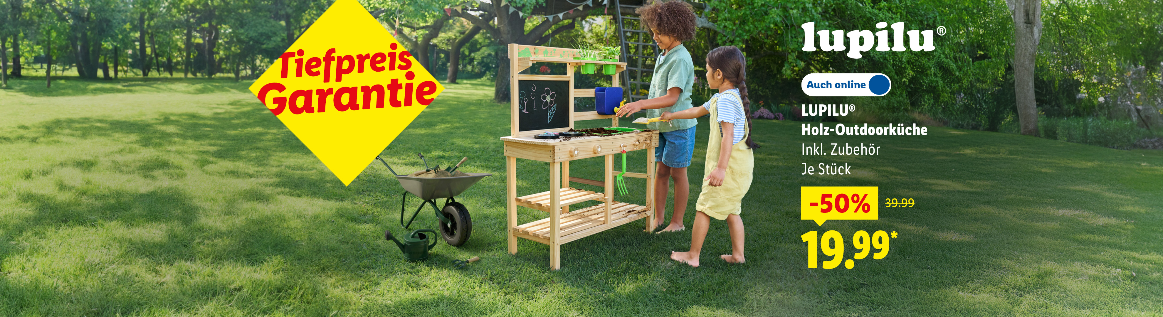 Tiefpreis Garantie: Lupilu® Holz-Outdoorküche inkl. Zubehör, je Stück -50% günstiger auch online für 19.99€*. Sofort kaufen.