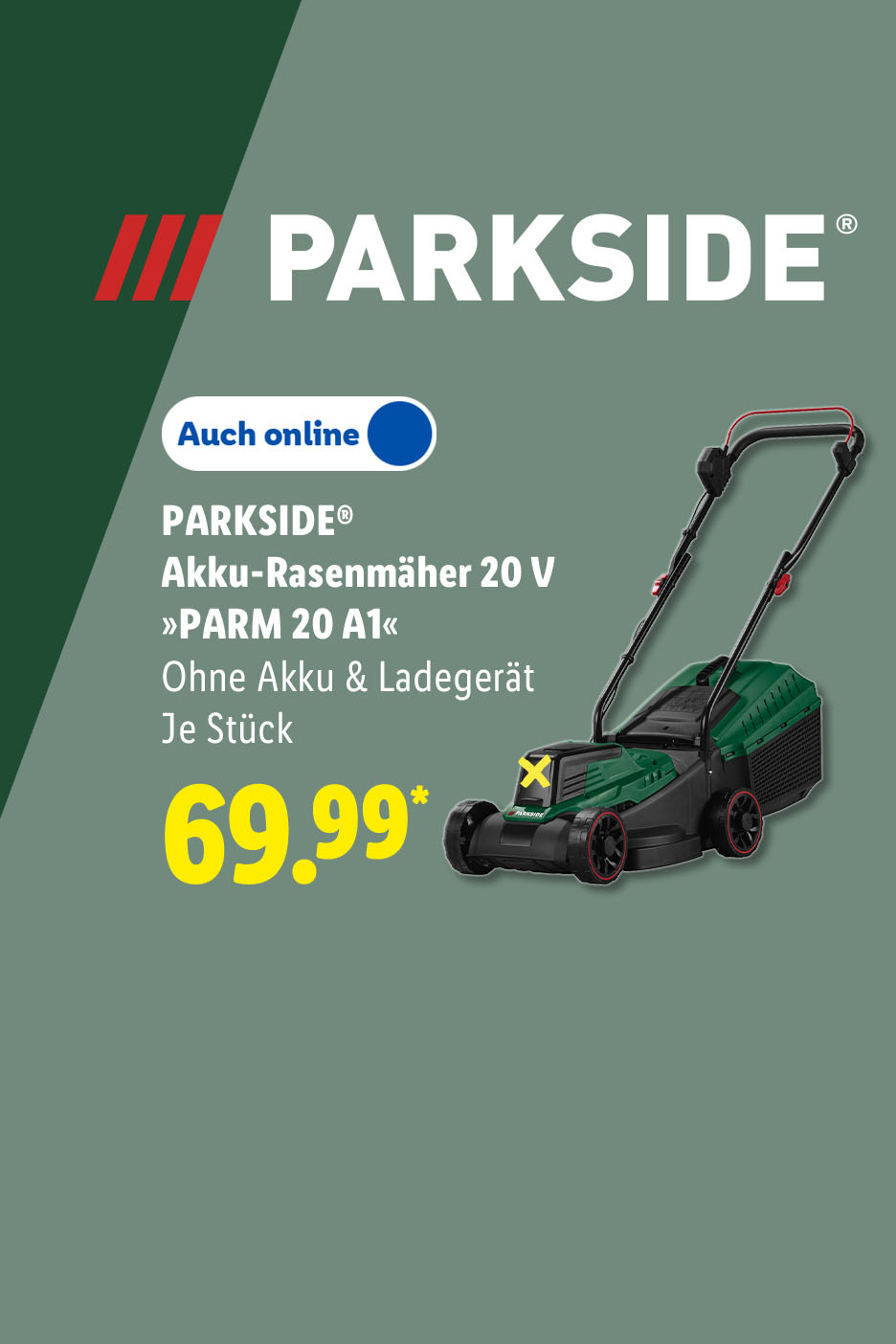PARKSIDE® Akku-Rasenmäher 20 V »PARM 20 A1«, Je Stück, für 69.99€.