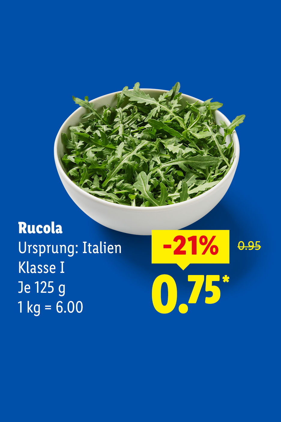 Rucola, Ursprung: Italien, Klasse I, je 125 g (1 kg = 6.00€) für nur 0.75€