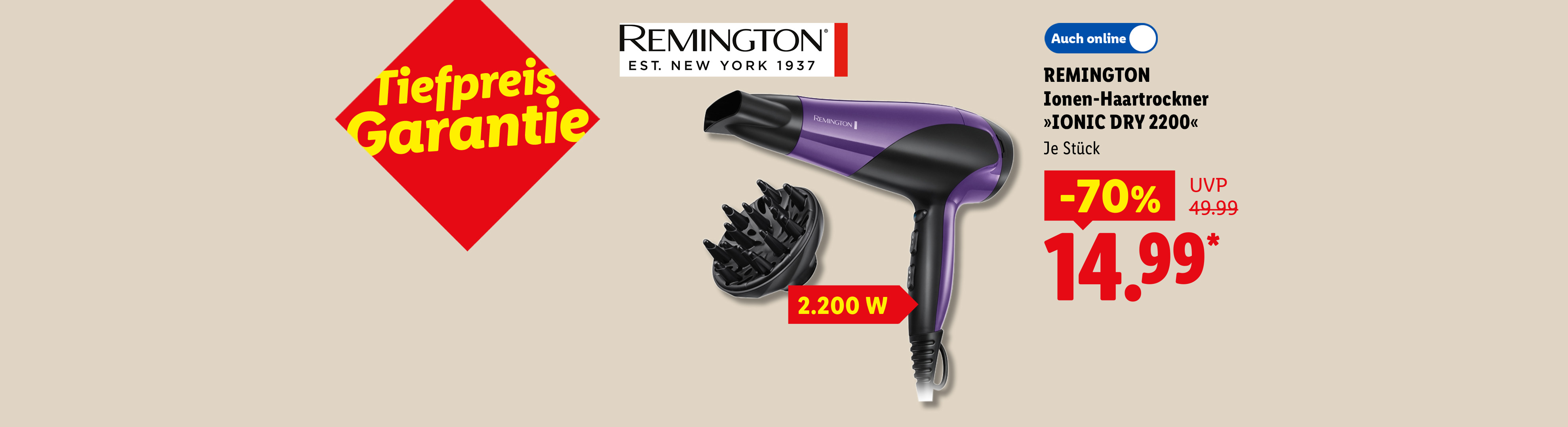 Tiefpreis-Garantie: REMINGTON Ionen-Haartrockner »IONIC DRY 2200«, 2.200 W, je Stück auch online -70% für 14.99 €*.