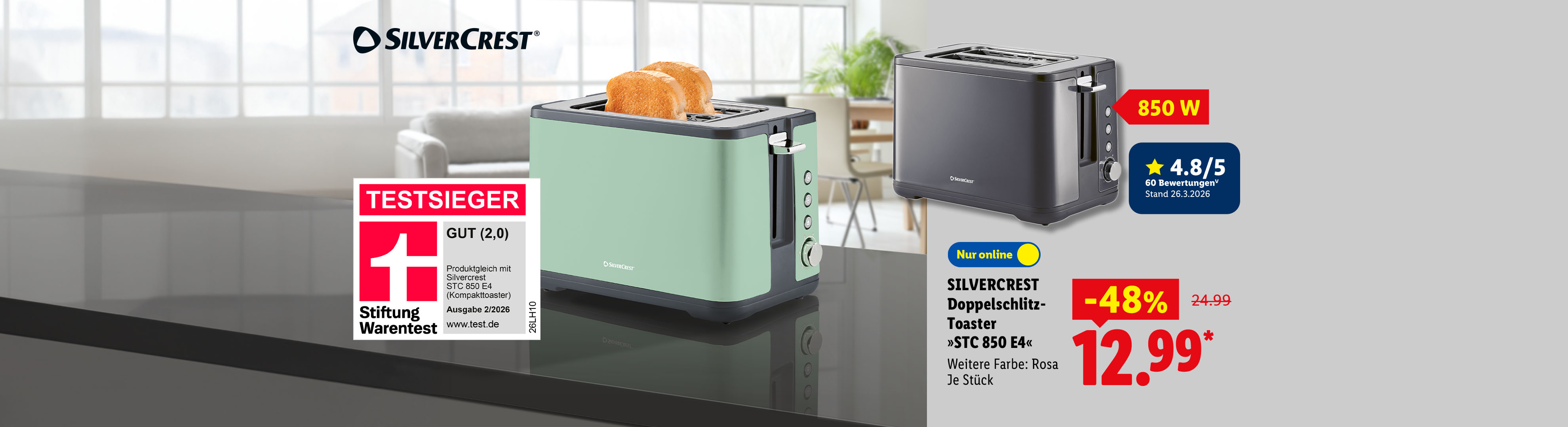 SILVERCREST Doppelschlitz-Toaster »STC 850 E4« in Grau, weitere Farben: mint, rosa, 850 W, 4.8/5 bei 60 Bewertungen (V) Stand 26.3.2026, je Stück nur online -48% für 12.99 €*.