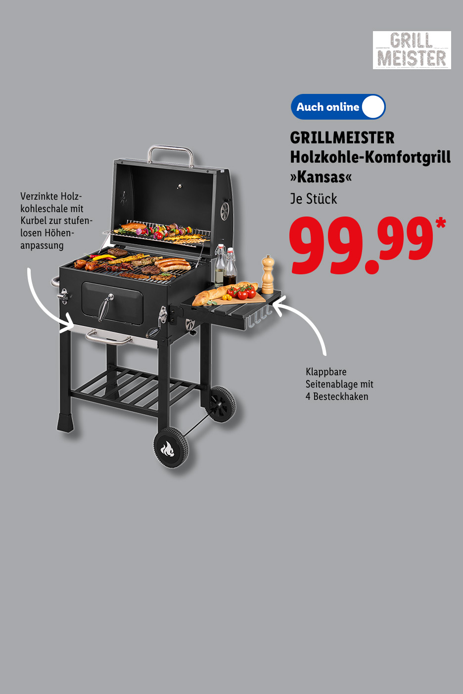 GRILLMEISTER Holzkohle-Komfortgrill »Kansas«, verzinkte Holzkohleschale mit Kurbel zur stufenlosen Höhenanpassung und klappbarer Seitenablage mit 4 Besteckhaken, je Stück auch online für 99.99 €*.