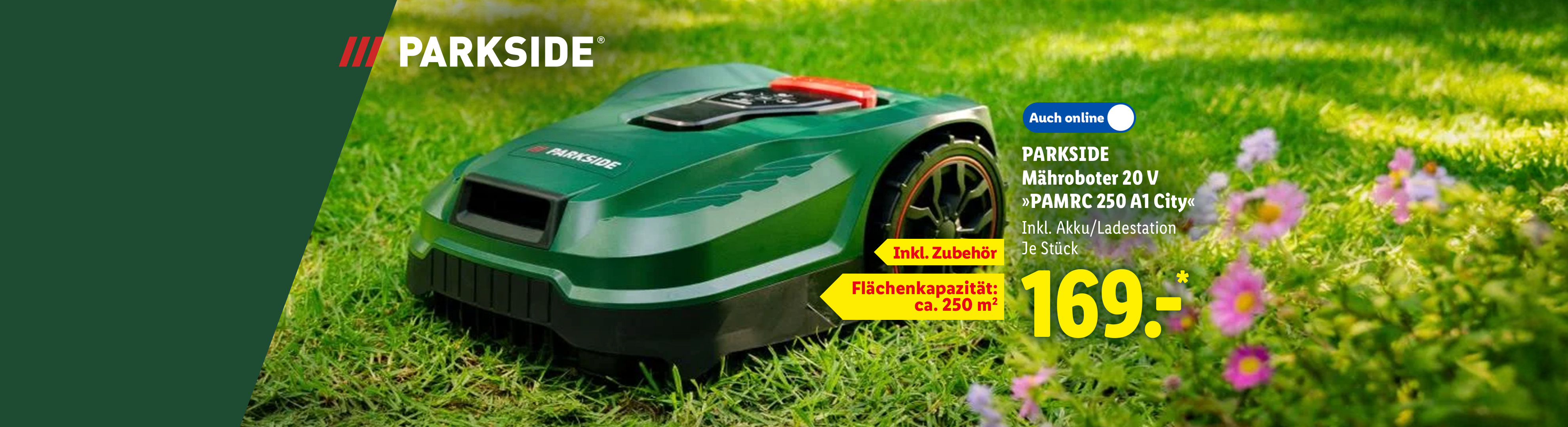 Inkl. Akku/Ladestation: PARKSIDE Mähroboter 20 V »PAMRC 250 A1 City«, Flächenkapazität ca. 250 m², Inkl. Zubehör, je Stück, Auch online für 169.00 €*.