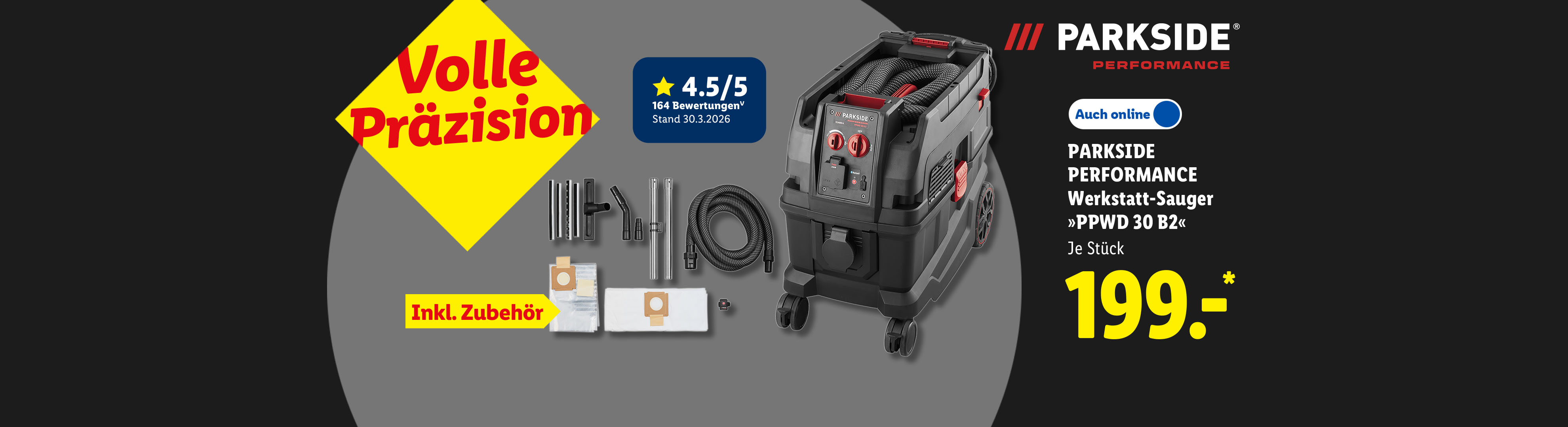 Volle Präzision: PARKSIDE PERFORMANCE Werkstatt-Sauger »PPWD 30 B2«, Inkl. Zubehör, je Stück, Auch online für 199.00 €*.