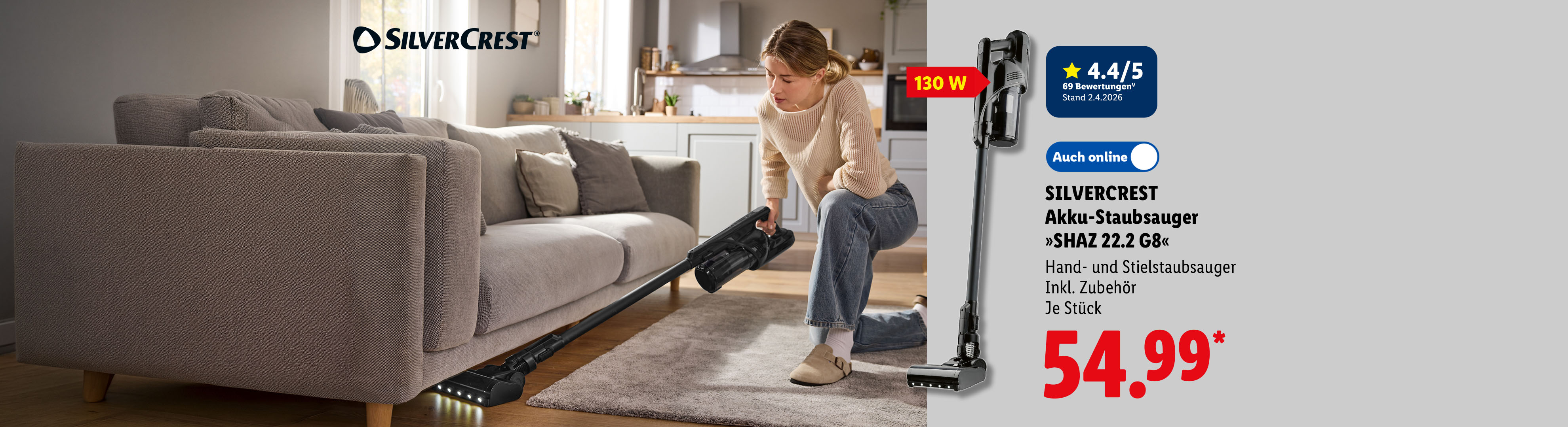 130 W Leistung: SILVERCREST Akku-Staubsauger »SHAZ 22.2 G8«, Hand- und Stielstaubsauger, inkl. Zubehör, je Stück, Auch online für 54.99 €*.