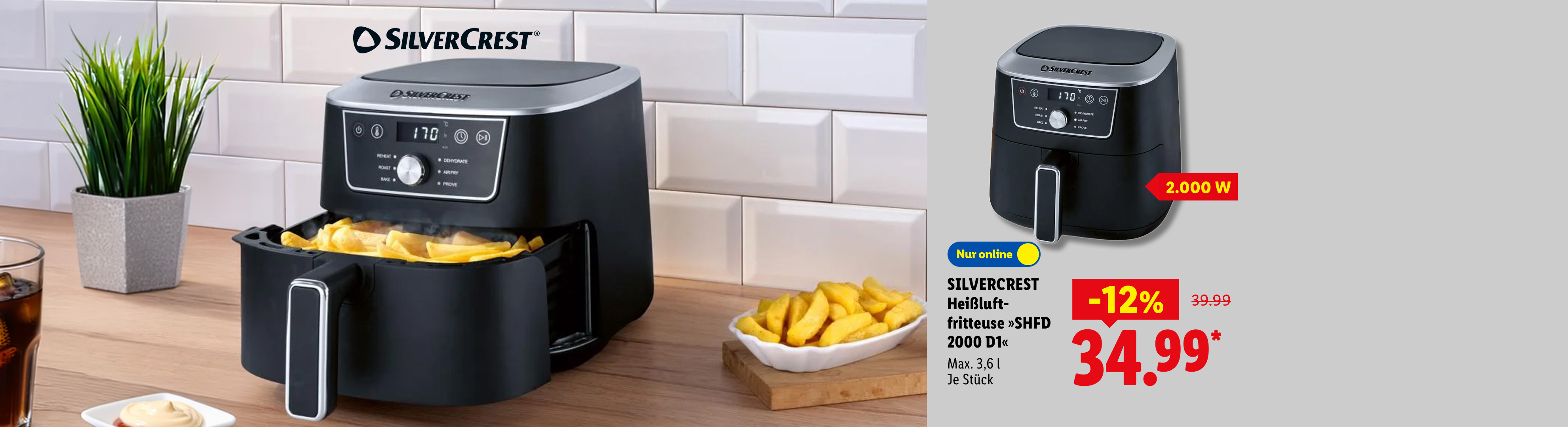 SILVERCREST Heißluftfritteuse »SHFD 2000 D1«, Max. 3,6 l, Je Stück 12% günstiger auch online für 34.99 €*. Sofort kaufen.