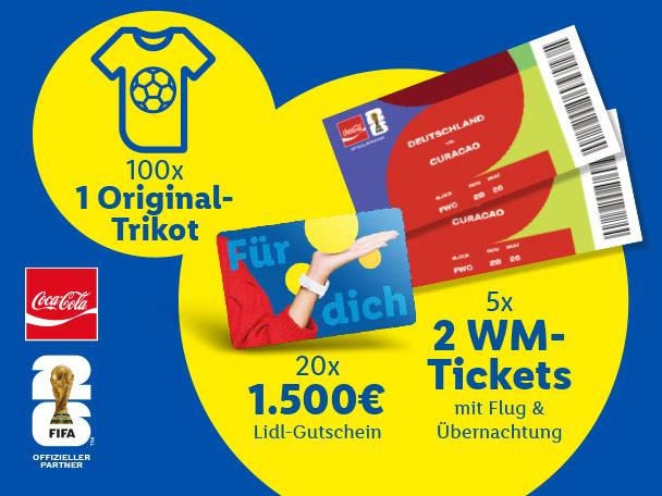 100x 1 Original Trikot, 20x 1500 Euro Lidl-Gutscheine, 5x 2 Tickets für den FIFA World Cup 26™ gewinnen