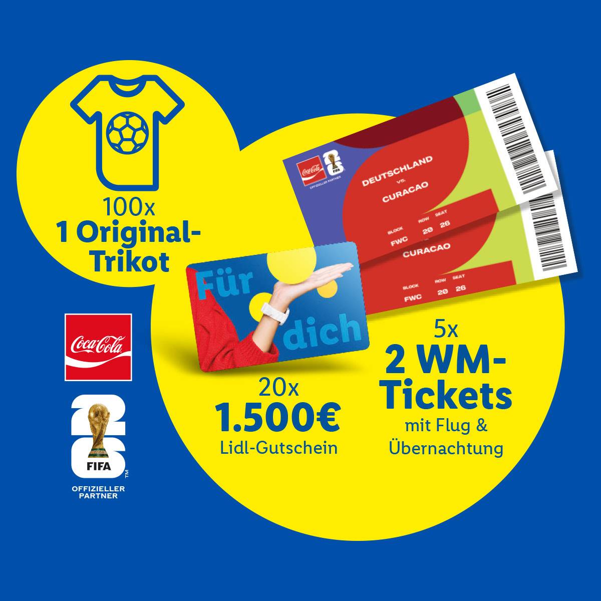 Gewinnspiel mit Fußballtrikots, WM-Tickets und Lidl-Gutscheinen.