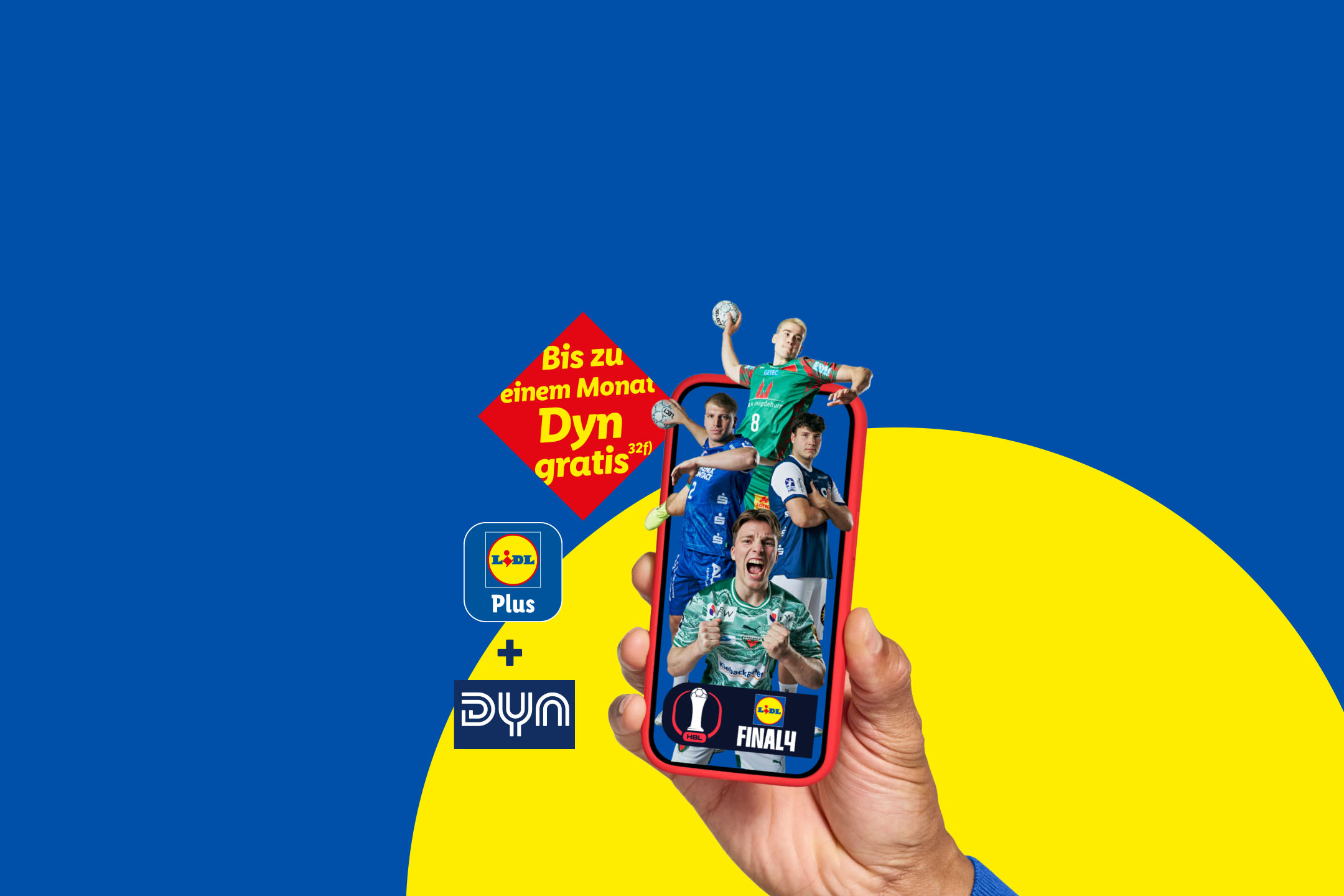 Sportabo-Angebot mit einem Monat gratis, mit Handballspielern auf einem Telefon.