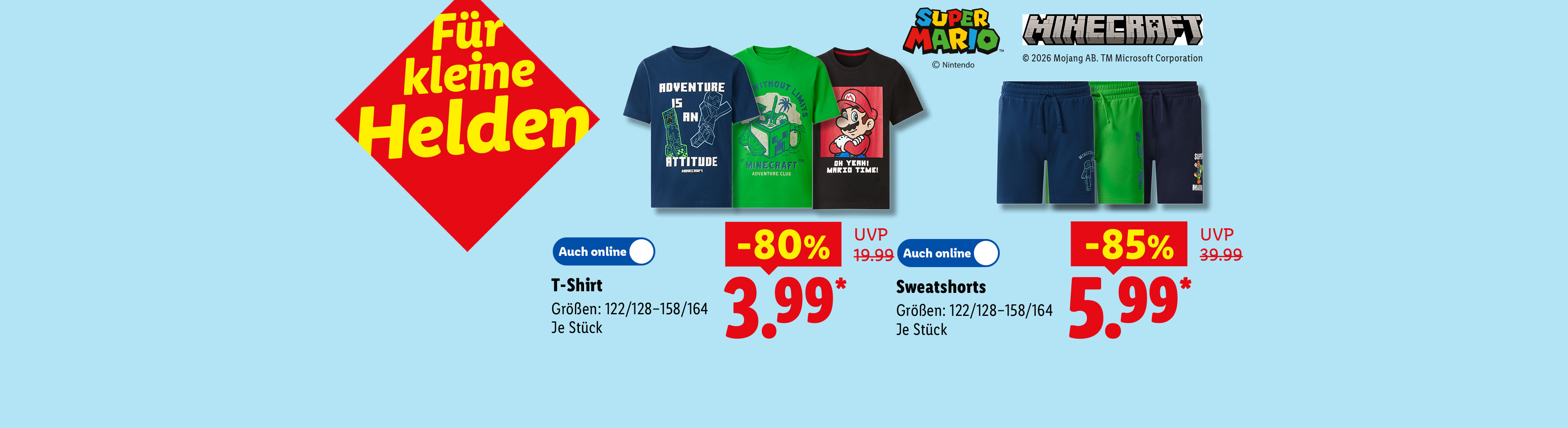 Mit Baumwolle: z.B. MINECRAFT T-Shirt, Größen: 122/128–158/164, je Stück 80% günstiger, Auch online für 3.99 €*.